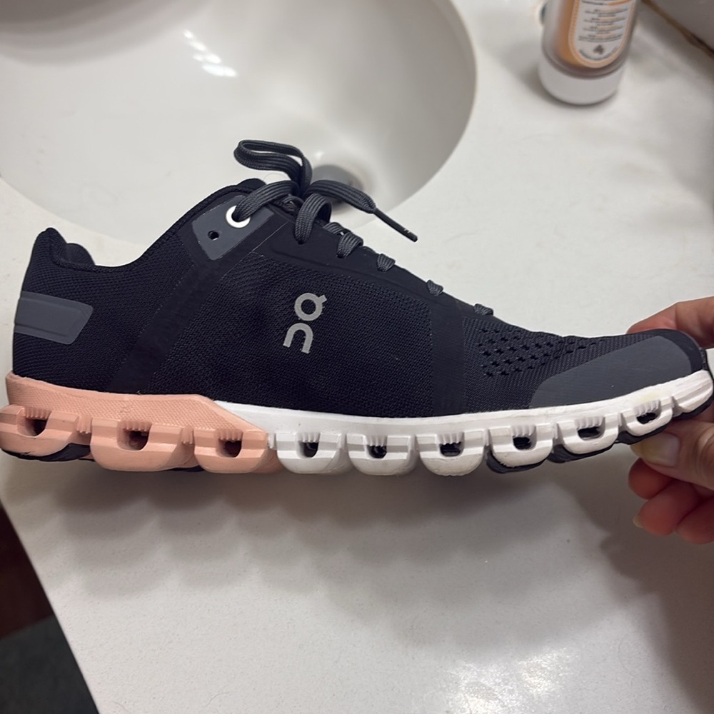 On Running Women's Athletic Shoes in Dark Gray and Light Pink - Picture 2 of 6